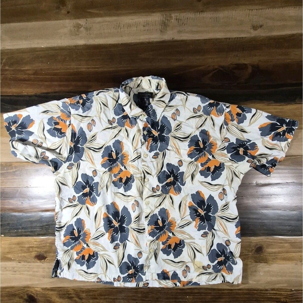 Duck Head Hawaiian Camp Shirt 1XL Beige Floral Button Up Cotton Aloha Men's